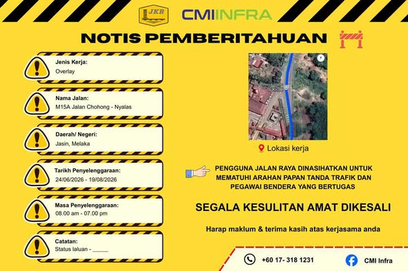Notis Pemberitahuan: Pembaikan Jalan M15A Jalan Chohong - Nyalas