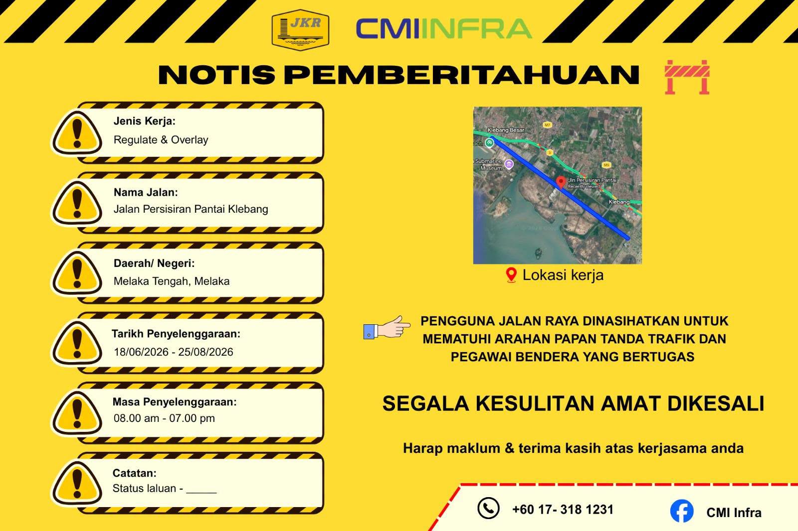 Notis Pemberitahuan: Pembaikan Jalan Persiaran Pantai Klebang